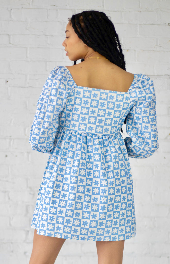 Lena Babydoll Mini Dress in Blue Daisy Check (5003560648790)